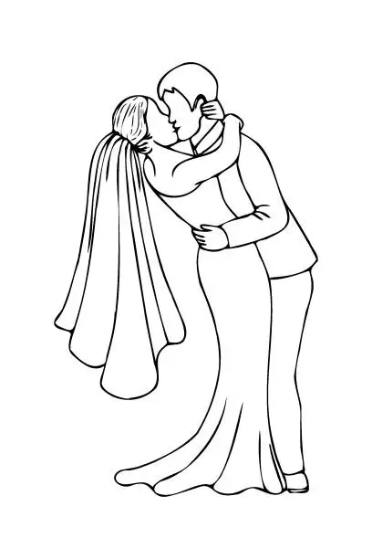 Vector illustration of groom kisses the bride bending over, the bride's veil hangs down - linear vector illustration of the bride and groom kissing