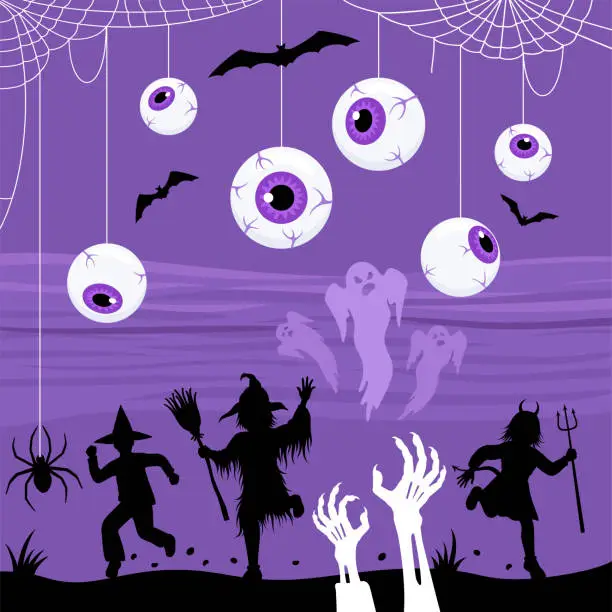 Vector illustration of Halloween Children. Trick or treat. Halloween hanging Eyes.