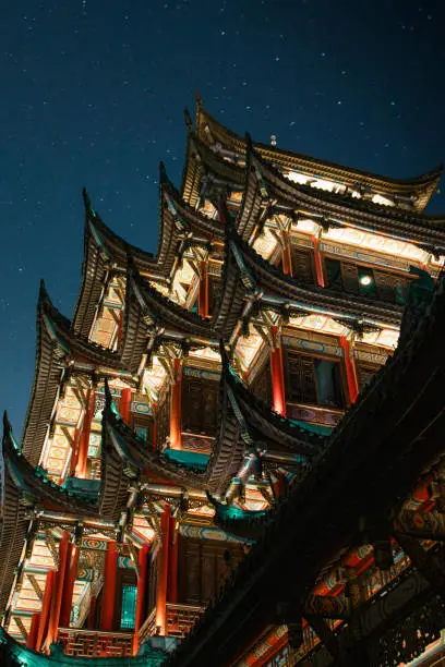 The temple is ablaze with lights everyday after 19:00 pm. Hongen temple, located in Chongqing, China.