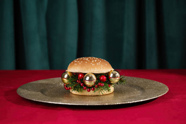 istock Creative Christmas hamburger. Burger made from fir branches and Christmas ornaments. 1742622392