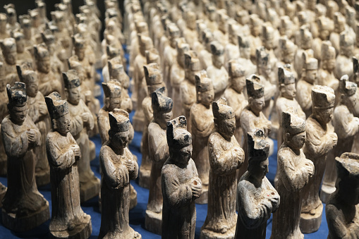 many old ancient Chinese figurines in Ming Dynasty. Cultural relic in China