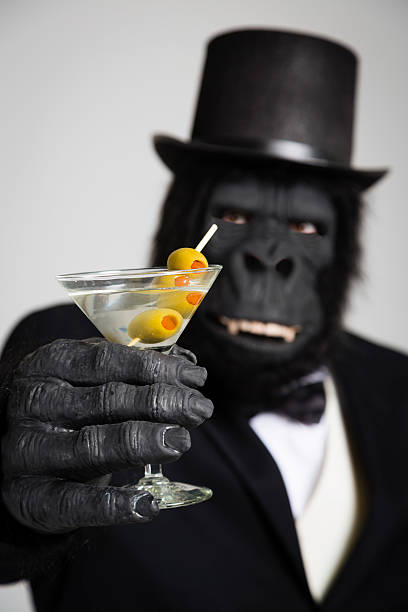Gorilla in a Tuxedo A gorilla in a top hat and tuxedo holding a martini. serious monkey stock pictures, royalty-free photos & images