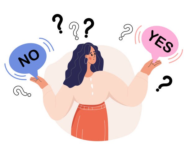 Puzzled Business Woman Setting Priorities, Doubting, Deciding. Make Choice, Decision Concept. Puzzled Business Woman Setting Priorities, Doubting, Deciding. Questioned Employee Thinking, Analysing Two Options. Flat vector illustration isolated on white background yes no icon stock illustrations