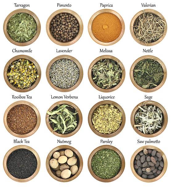 Collection  of herbs and spices Collection of metal bowls full of herbs and spices saw palmetto stock pictures, royalty-free photos & images