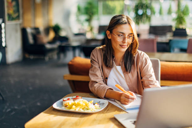istock During a lunch break in a restaurant, a woman uses a laptop 1742679194