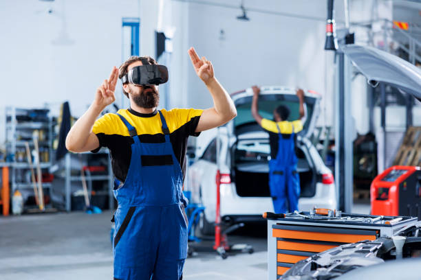 istock Car service mechanic fixes tires with VR 1742679334