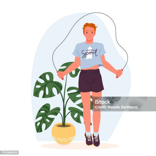 Boy Jumping Rope At Home Cute Active Kid Holding Skipping Rope To Jump