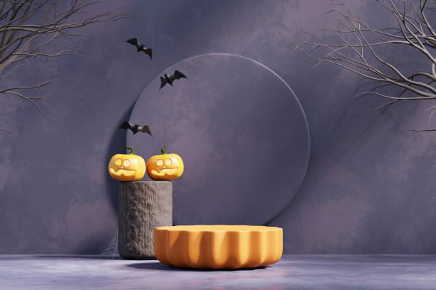 istock Halloween pumpkin lantern and product display podium 3D rendering 1742690006
