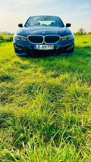 Marbach, Germany - October, 17th - 2023: Black BMW 330d parked on the meadow.