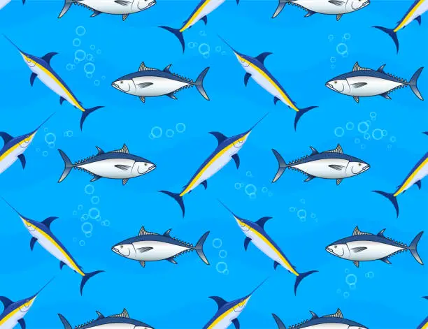 Vector illustration of Repeating pattern texture of tuna and swordfish fish.