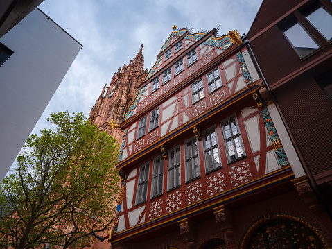 Frankfurt am Main, Germany - May 5, 2023: details of medieval building in center of Old town of Frankfurt . Roemer is one of city's most important landmarks.