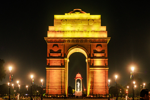 Night view of India Gate, landmark of Delhi, India.