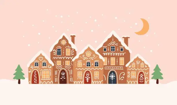 Vector illustration of Gingerbread houses christmas scene. Cute vector illustration in flat cartoon style
