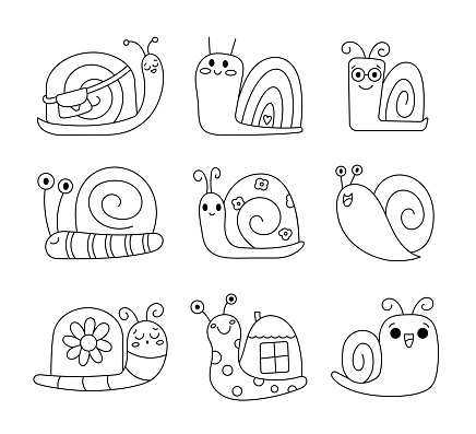 Cute snails characters. Funny insects. Coloring Page. Decorative mollusk with hearts and flowers. Hand drawn style. Vector drawing. Collection of design elements.