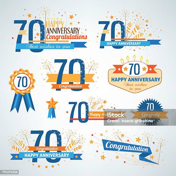 Set Of Happy Anniversary Элементы Дизайна — стоковая векторная графика и другие изображения на тему 70-79 лет - 70-79 лет, Годовщина, Празднование