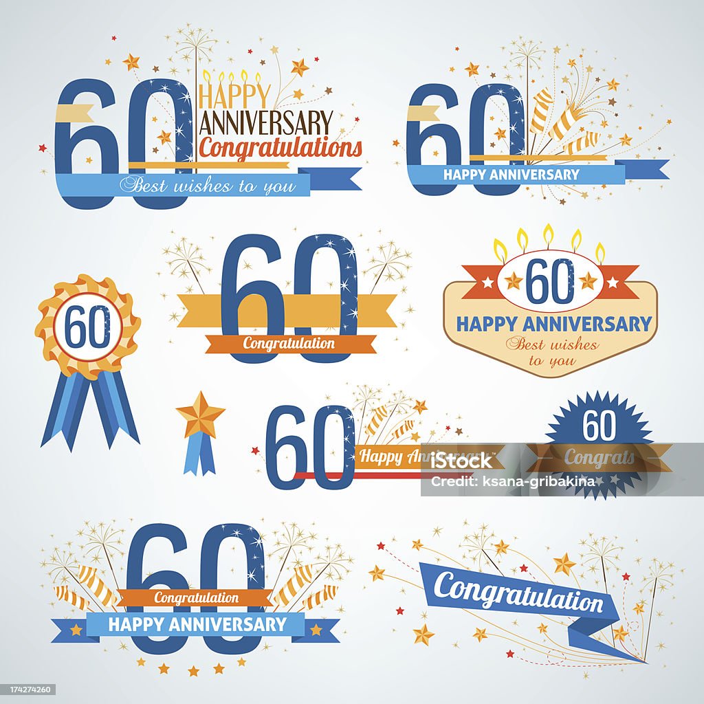 Conjunto de elementos de design de feliz aniversário - Vetor de 60-64 anos royalty-free