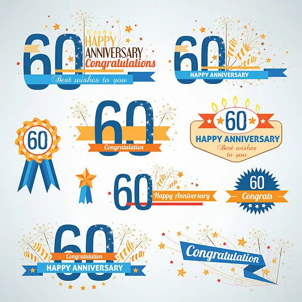 Vector illustration of Set of Happy 60th Anniversary design elements