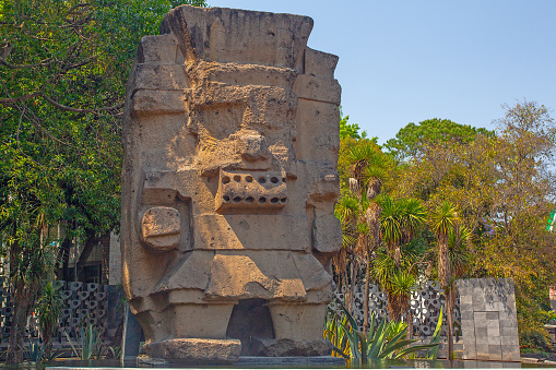 MEXICO CITY, MEXICO -  March 12, 2022: Tlaloc, Aztec deity of rain and fertility, was moved from its excavation site in Coatlinchán to the Anthropology Museum in Mexico City in 1964