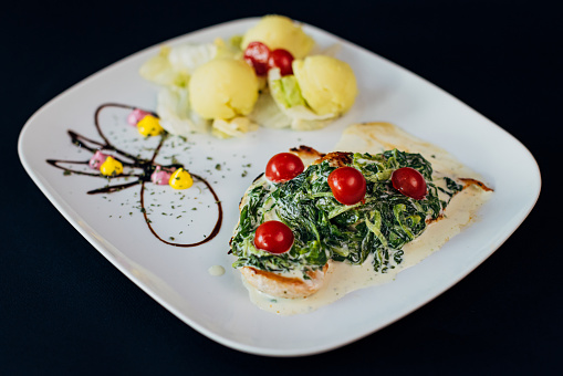 Close-up of beautifully decorated chicken with spinach dressing and puree on a white plate, with copy space