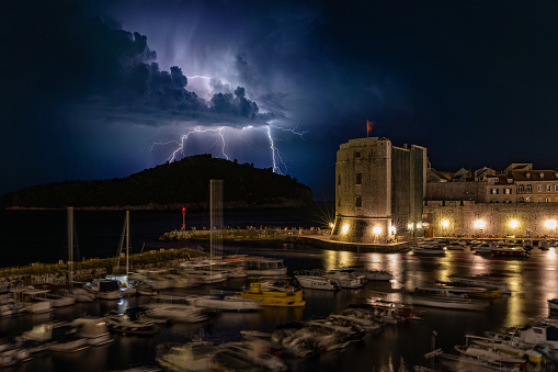 Thunderstorm above Dubrovnik old town harbour, Croatia