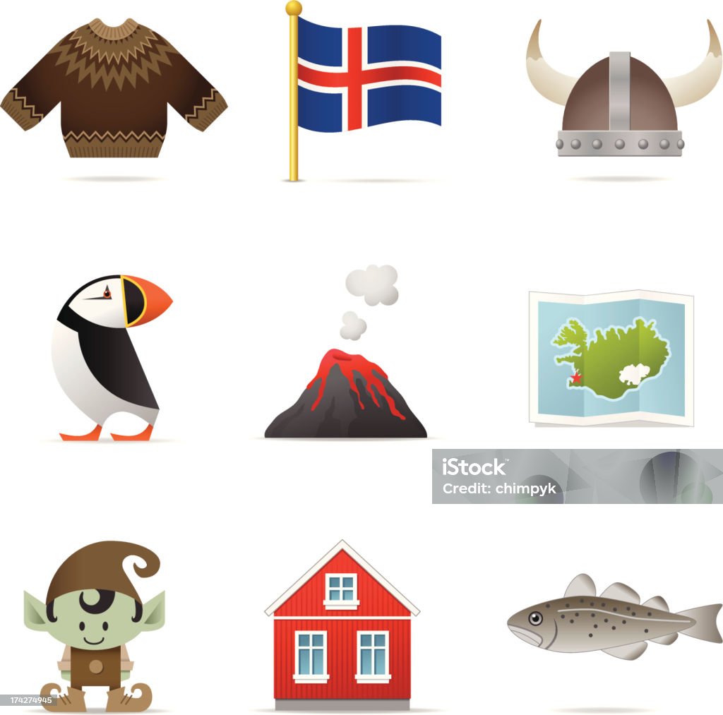 Iceland Icons 9 vector icons representing the culture of Iceland including, woolen sweater, flag, viking helmet, puffin, volcano, map, elf, house, and fish. Puffin stock vector