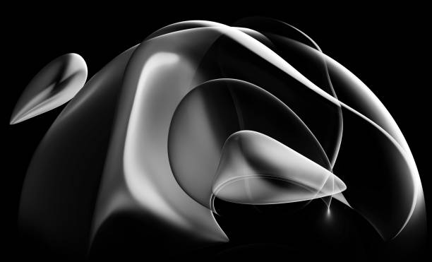 3D render monochrome black and white abstract art 3D sculpture with surreal ball sphere alien dark flower in curved wavy spherical biological forms in translucent plastic material on black background