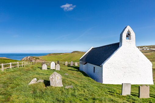 The Church of the Holy Cross at Mwnt, a parish church and Grade I listed building on the Ceredigion coastline in Wales.