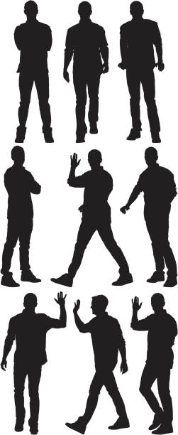 Multiple silhouette of a man in different poses Multiple silhouette of a man in different poseshttp://www.twodozendesign.info/i/1.png people silhouette standing casual stock illustrations