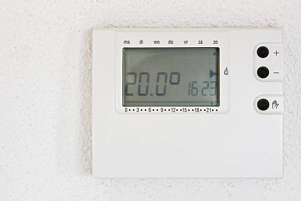 Thermostat on wall stock photo