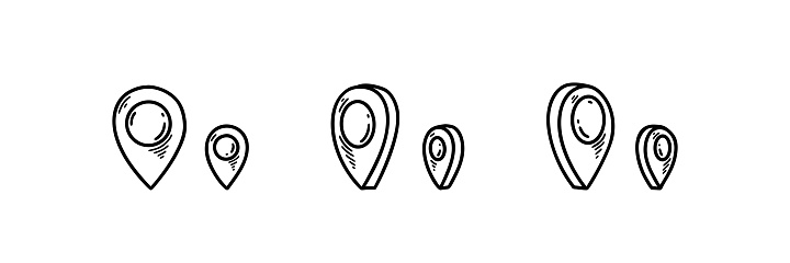 Set of doodle location pin icons in different dimensions. Hand drawn sketch gps location marker. Travel navigation pointer. Turned road mark