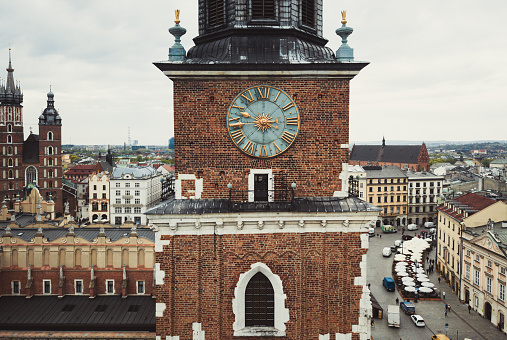 Aerial drone photo Ratusz Town Hall Tower on Rynek Główny, main square of Krakow city. KRAKOW, POLAND - 23 APRIL,2019