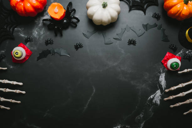 istock Halloween background. Halloween flat lay composition. Collection of Halloween party objects. Flat lay, top view. 1742772479