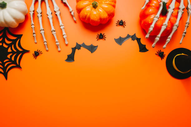 istock Halloween background. Halloween flat lay composition. Collection of Halloween party objects. Flat lay, top view. 1742772486