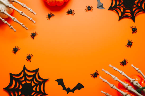 istock Halloween background. Halloween flat lay composition. Collection of Halloween party objects. Flat lay, top view. 1742772489