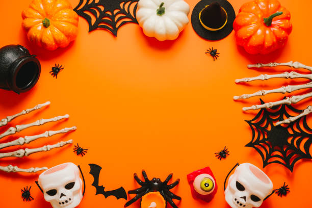 istock Halloween background. Halloween flat lay composition. Collection of Halloween party objects. Flat lay, top view. 1742772497