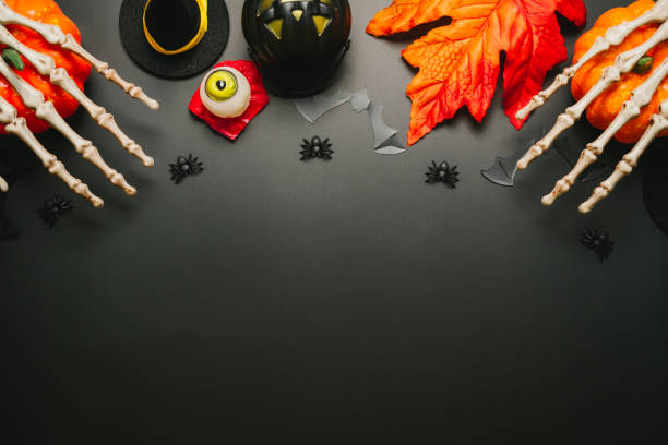 istock Halloween background. Halloween flat lay composition. Collection of Halloween party objects. Flat lay, top view. 1742772503