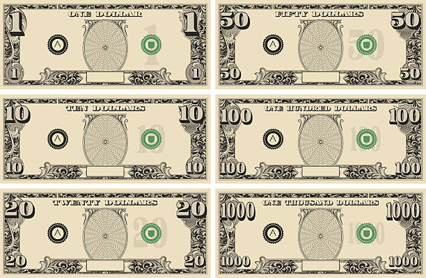 dollar bill Money Kit Designed by a hand engraver. Assortment of currency dollar bills with copy space for your text. Change color and scale easily with the enclosed EPS and AI files. No transparencies or special effects. Also includes hi-res JPG. american one dollar bill stock illustrations
