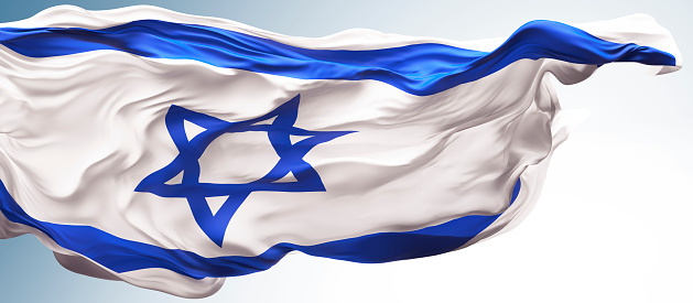 Flag of Israel blowing in the wind. Israeli flying flag. 3D illustration