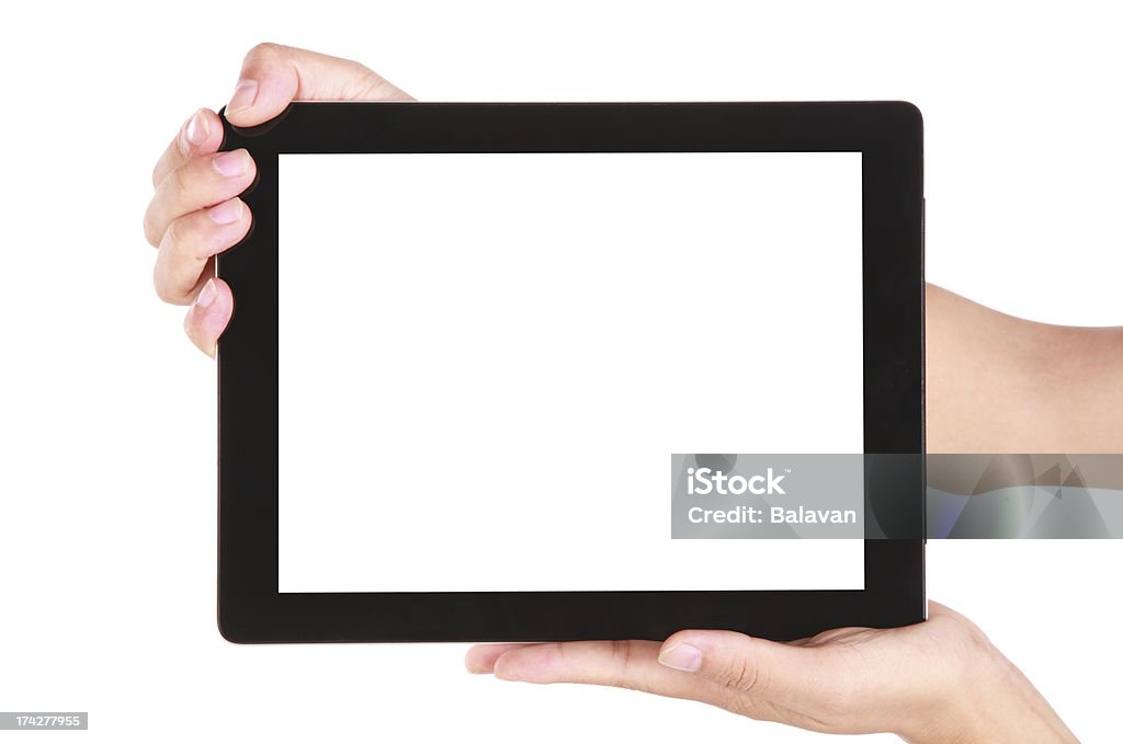 Hand holding leeren Bildschirm tablet PC auf weißem Hintergrund - Lizenzfrei Ankündigung Stock-Foto