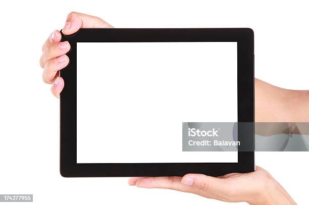 Hand Holding Leeren Bildschirm Tablet Pc Auf Weißem Hintergrund Stockfoto und mehr Bilder von Ankündigung