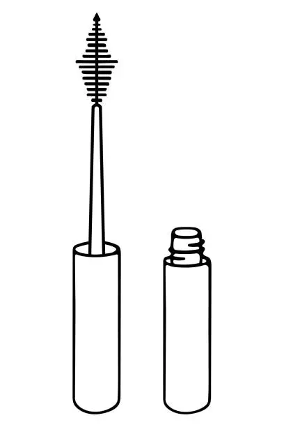 Vector illustration of Mascara. Sketch. A tube with a fluffy brush at the end. Means for applying mascara to eyelashes.