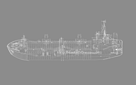 A technical fleet vessel designed for dredging and extraction of non-metallic construction materials. Hopper dredger. Scheme on a gray background. 3d-rendering