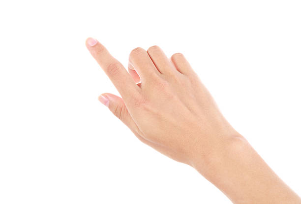 pointing gesture on white background - phone hand thumb stockfoto's en -beelden