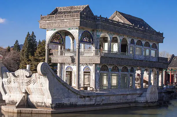 The Marble Boat, also called Han Chuan (Land Boat) or Bu Ji Zhou (Unmoored Boat) because it is cannot float, is in the northwest corner of manmade Kunming Lake near the foot of Longevity Hill at the Summer Palace.  Hidden from the surrounding views, it seems like  if it just sailed in from the south.