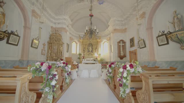Ornamented Beautiful Old Church With Flowers Bouquet Prepared For Wedding