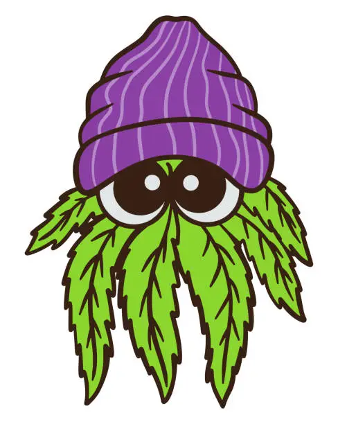 Vector illustration of Funny cannabis with beanie hat cartoon character isolated on white