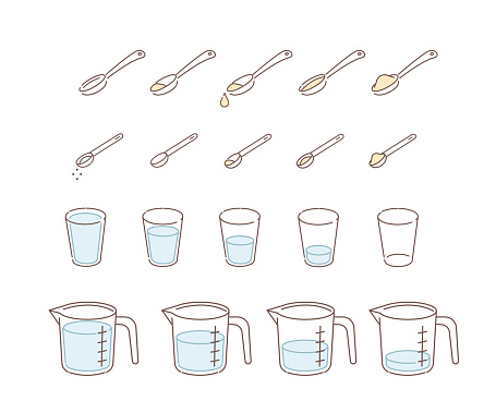 Cooking weights and measures icons. Typical measuring system for liquid and dry culinary ingredients. Measurements for different recipes. Flat vector illustration set.