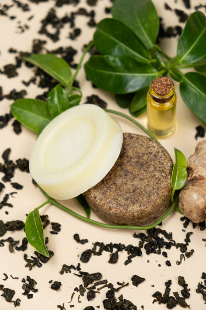 istock Solid shampoos made from ginger, green tea and oils. Natural cosmetics for hair care. 1742790469