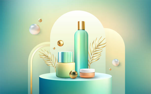 istock Realistic cosmetics bottles or skin care cosmetic tubes on round podium 1742792831