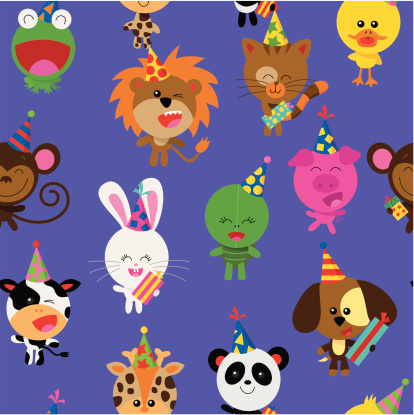 Seamless vector illustration of different animals celebrating a birthday party.
